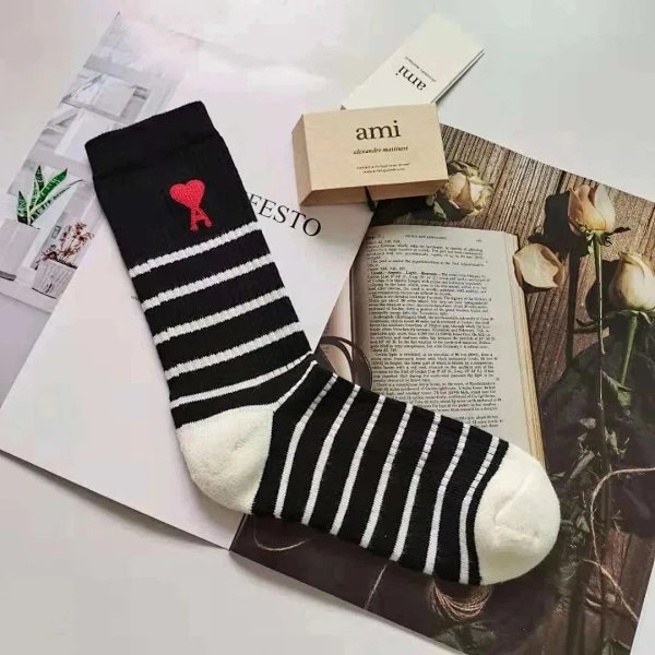 AMI Paris Striped Socks with Red Heart Logo Black / White Socks product listing in Litbuy spreadsheet finds