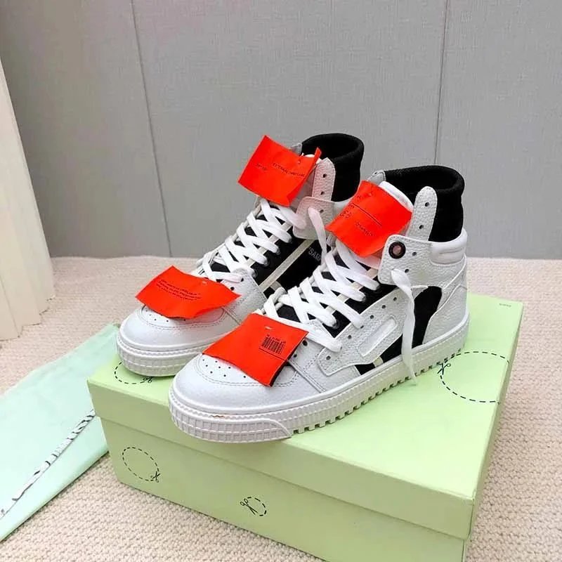 Off-White Diagonal Arrow High-Top Sneakers White with Green Laces and Orange Tags - 7