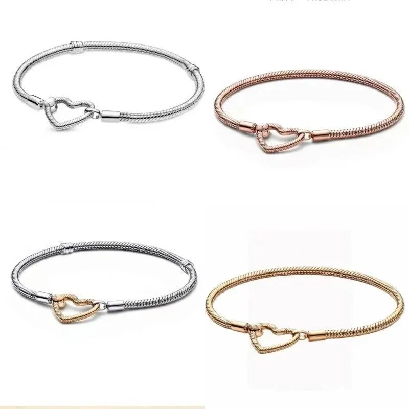 Pandora Silver Rose Gold Snake Chain Heart Bracelet Set