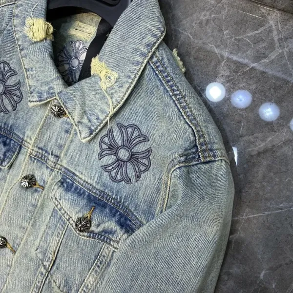 Chrome Hearts x A Bathing Ape Denim Jacket Light Wash Distressed Embroidered Floral - 6