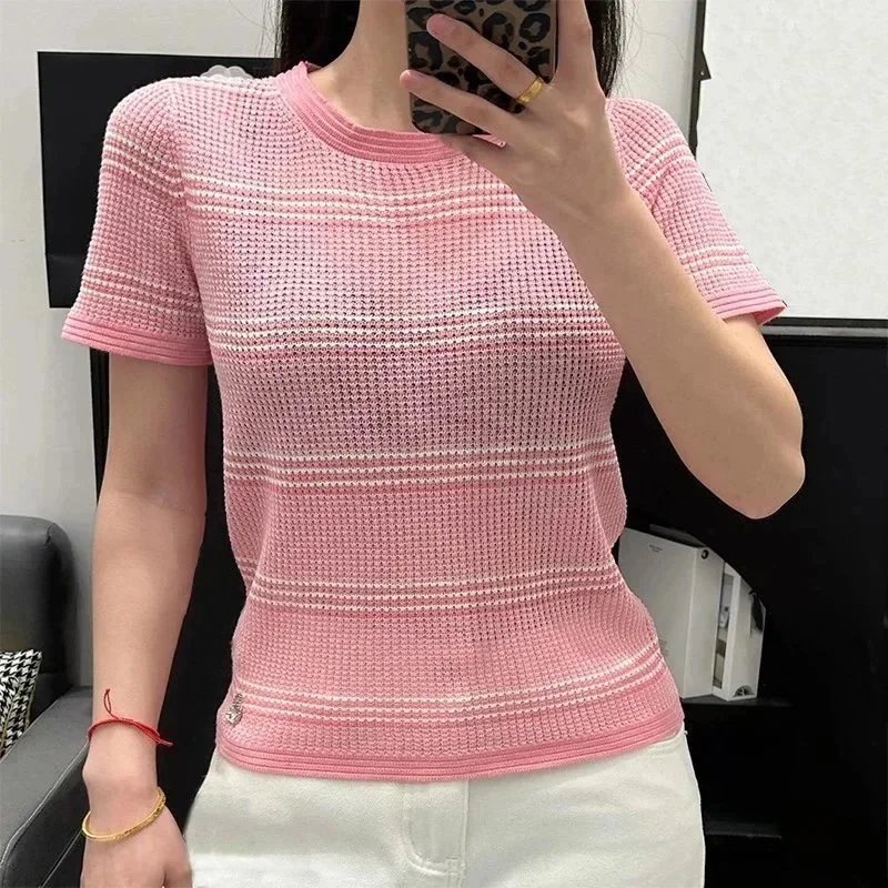 Design Knit Stripe Pink T-Shirt - 5