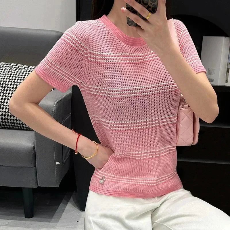 Design Knit Stripe Pink T-Shirt - 3