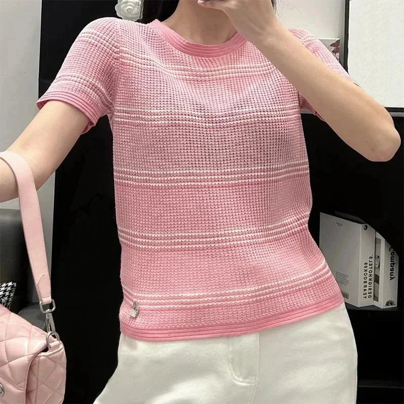 Design Knit Stripe Pink T-Shirt - 7