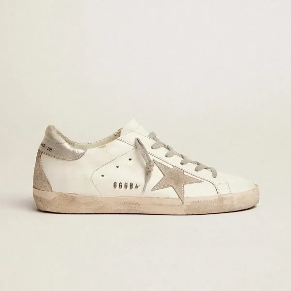 Golden Goose Superstar Distressed White and Silver Sneakers - 1