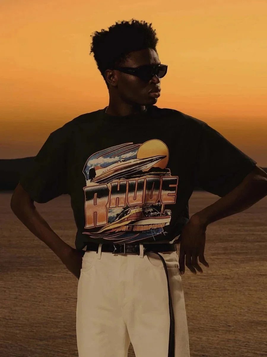 Rhude Palm Racing Graphic T-Shirt Beige - 3