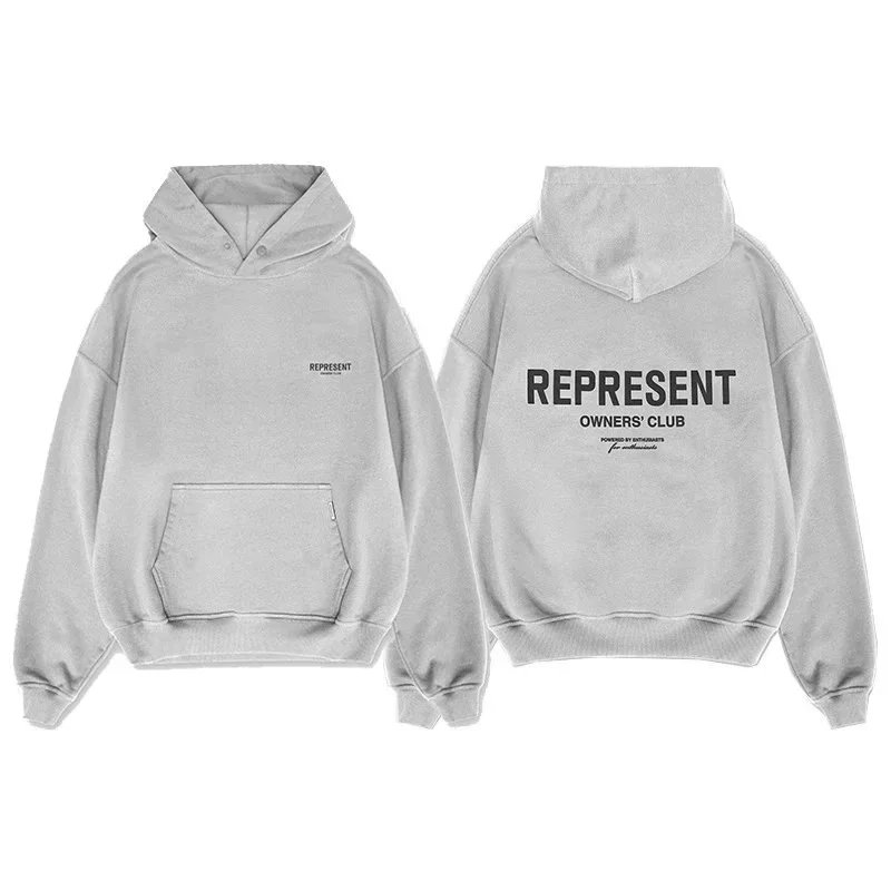 Represent Grey Hoodie with Front Pocket and Back Text Design