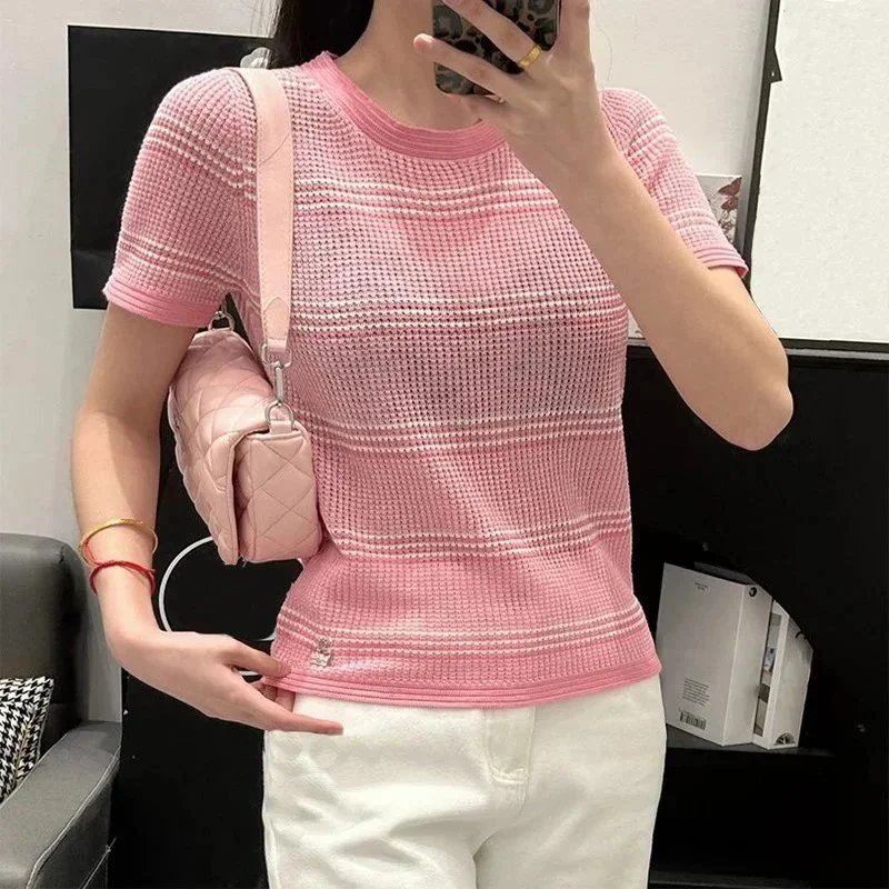 Design Knit Stripe Pink T-Shirt - 6