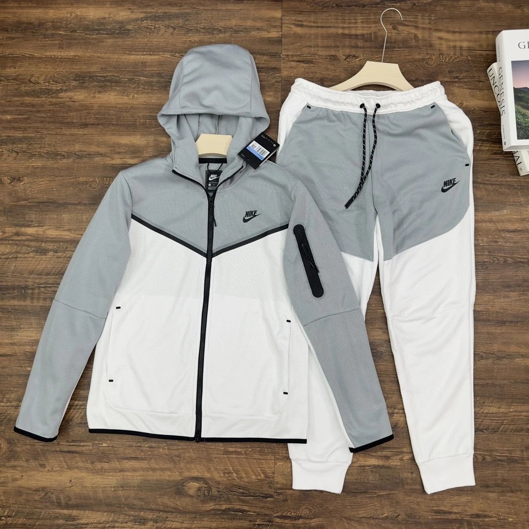 Nike Tech Fleece Windrunner Hoodie and Joggers Set Gray/White Tracksuit - 1