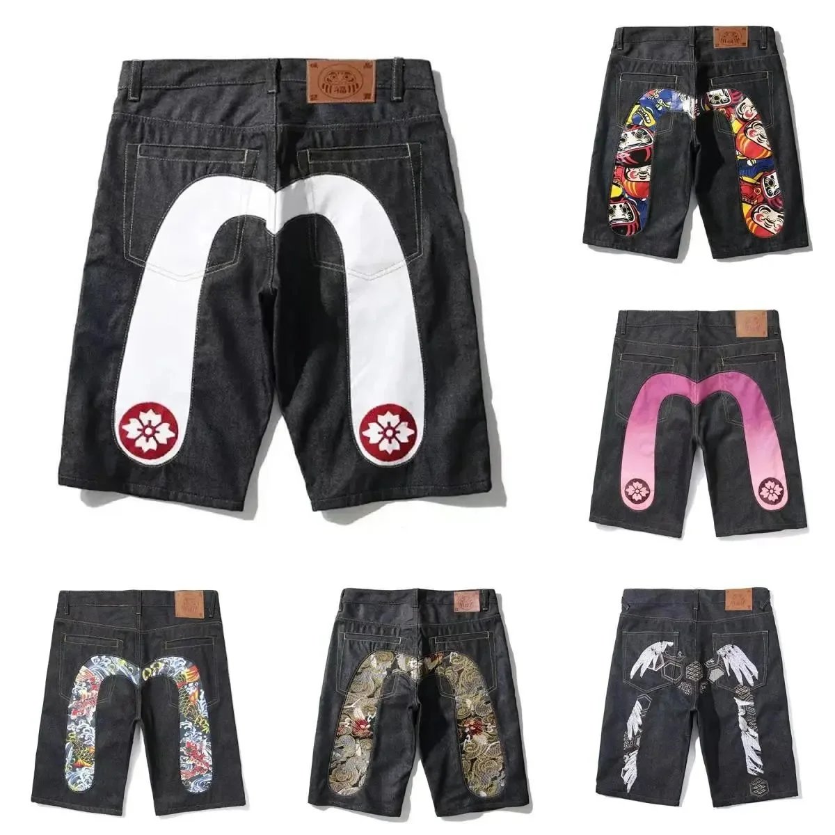 Evisu Black Denim Shorts with Back Patch Design
