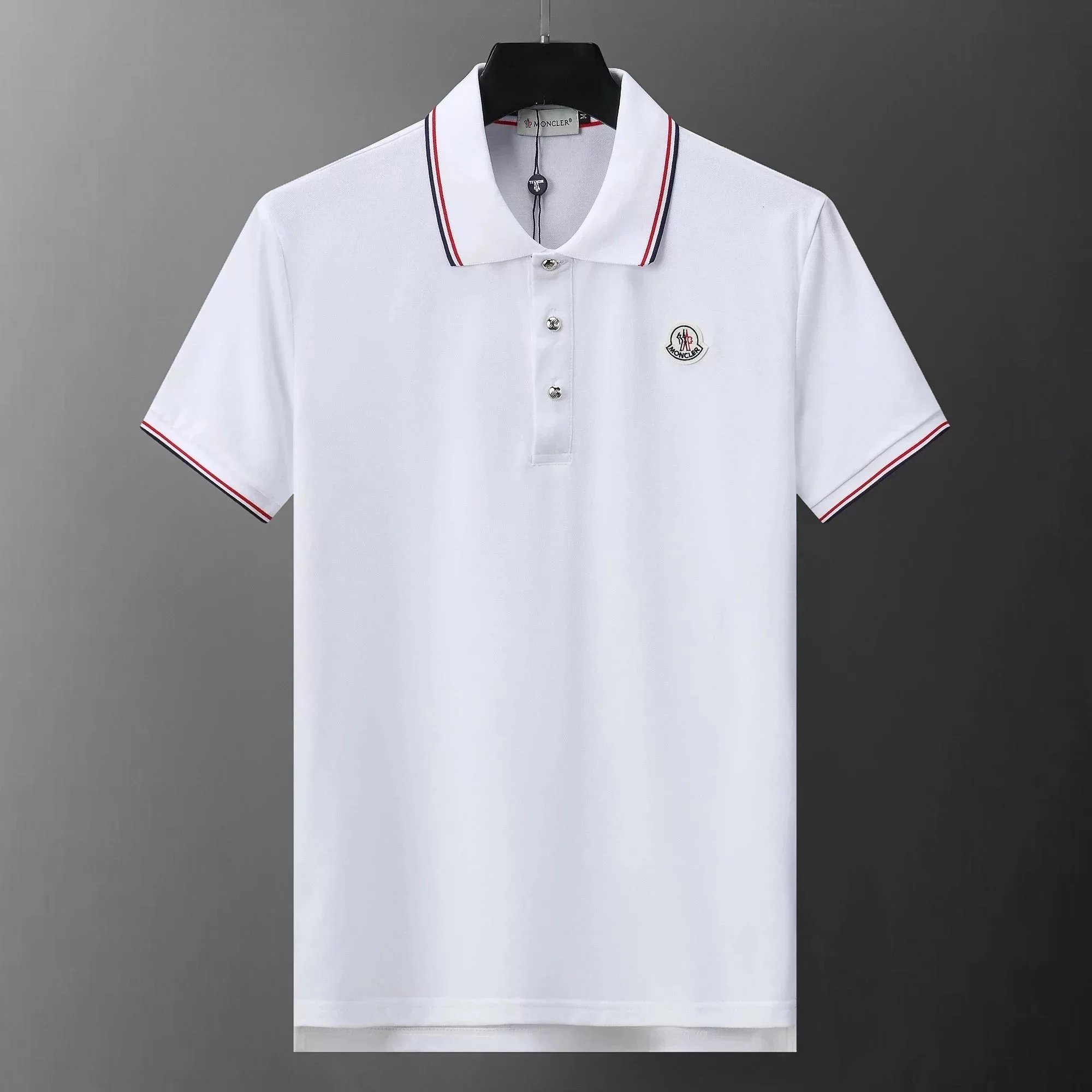 Moncler Logo Embroidered Navy Polo Shirt with Red Trim - 12