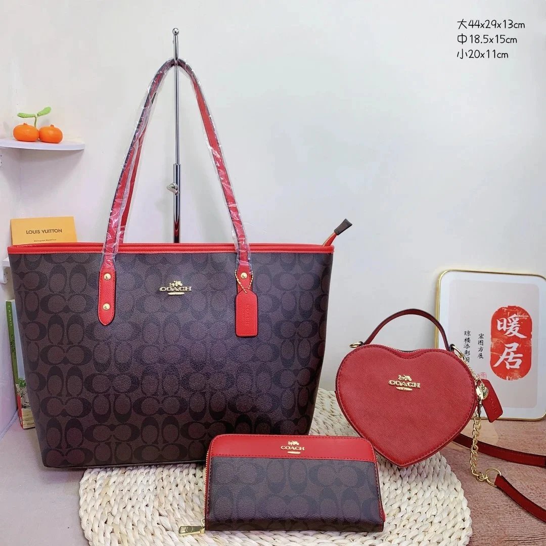 Coach Signature Canvas Tote Bag Set in Brown and Red - 1
