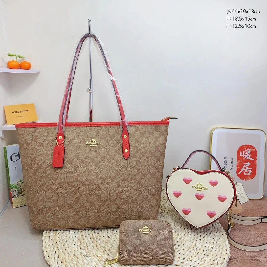 Coach Signature Canvas Tote Bag with Red Trim, Heart Crossbody Bag, and Coin Purse Set
