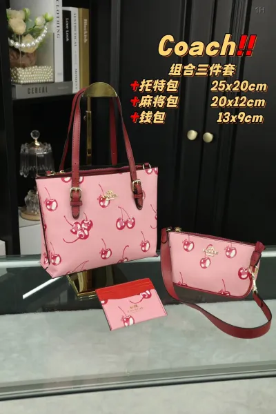Coach Cherry Print Triple Set: Tote Bag, Wristlet, and Cardholder in Pink - 1