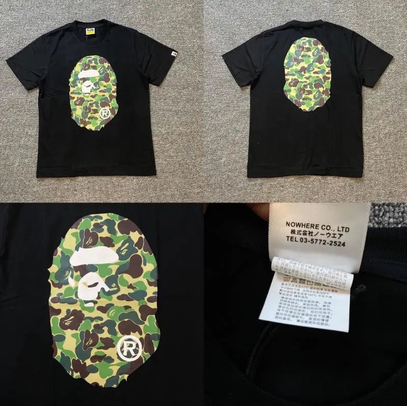A BATHING APE T-Shirts Short-Sleeve Graphic and Camouflage Logo — XX363 Black and Green