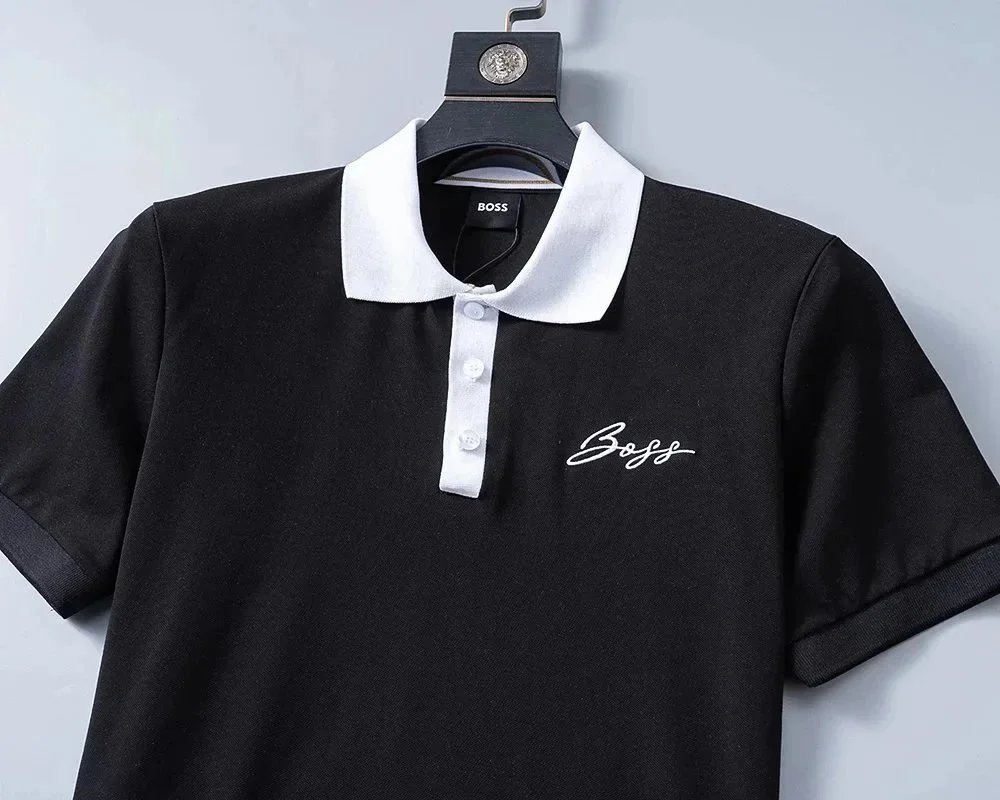 Hugo Boss Signature Script Black Polo with White Collar - 11