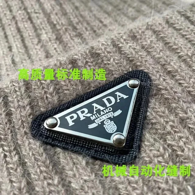 Prada Hats Ribbed Knit Beanie with Triangle Logo Plaque product detail image 3