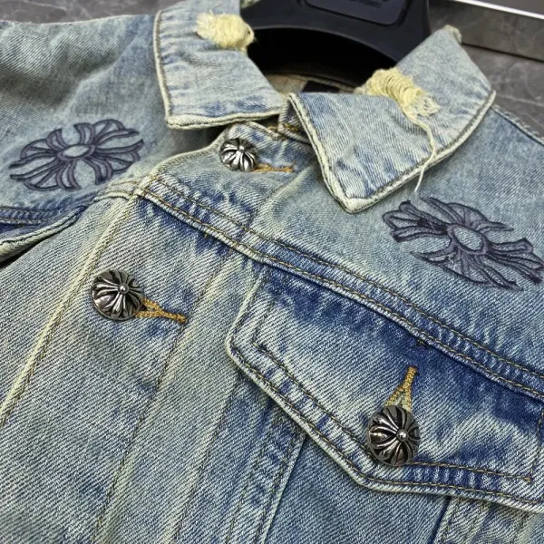 Chrome Hearts x A Bathing Ape Denim Jacket Light Wash Distressed Embroidered Floral - 9