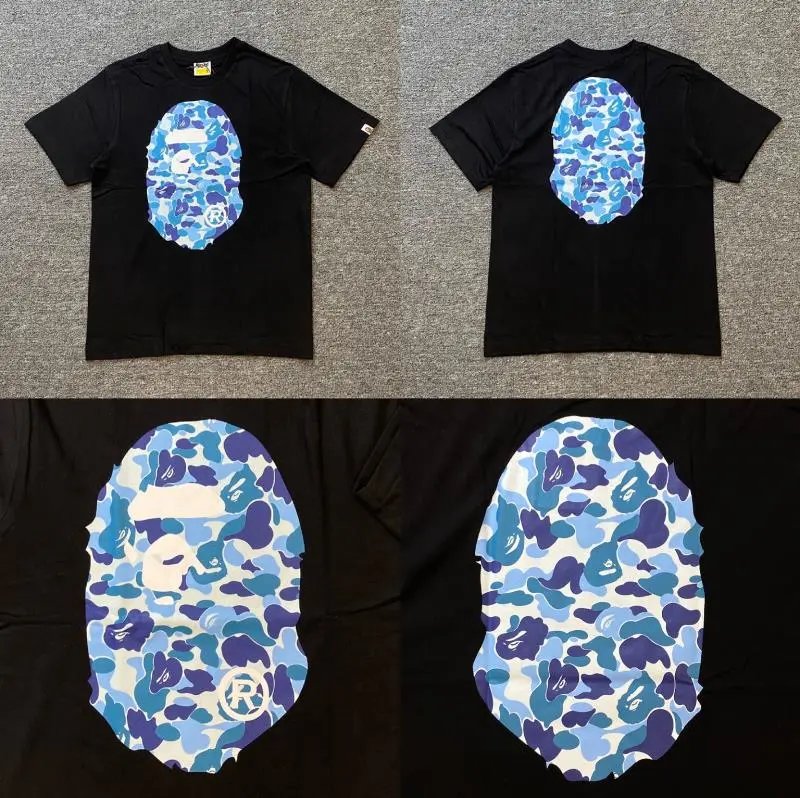 A BATHING APE T-Shirts Short-Sleeve Graphic and Camouflage Logo — XX363 black and blue