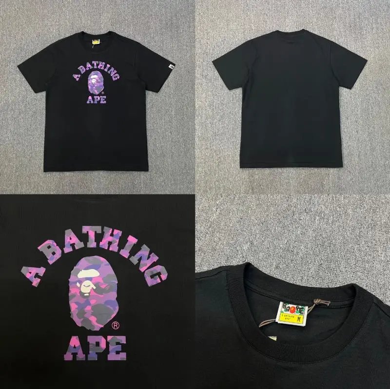A BATHING APE T-Shirts Short-Sleeve Graphic and Camouflage Logo — XX085 Black Purple