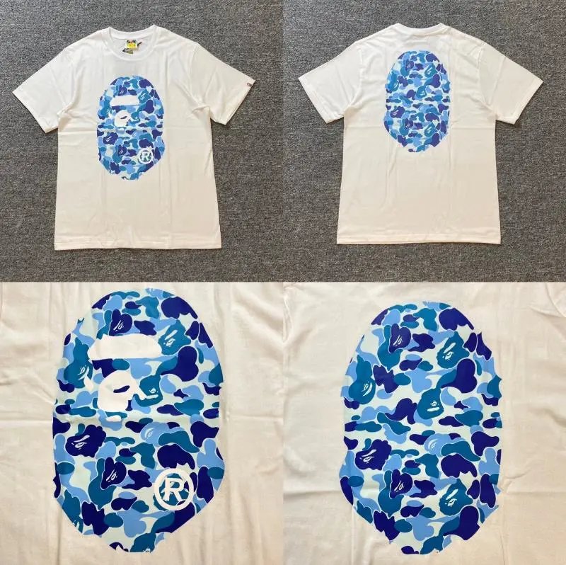 A BATHING APE T-Shirts Short-Sleeve Graphic and Camouflage Logo — XX363 white and blue