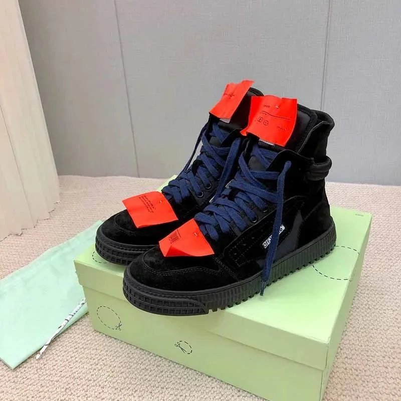 Off-White Diagonal Arrow High-Top Sneakers White with Green Laces and Orange Tags - 5