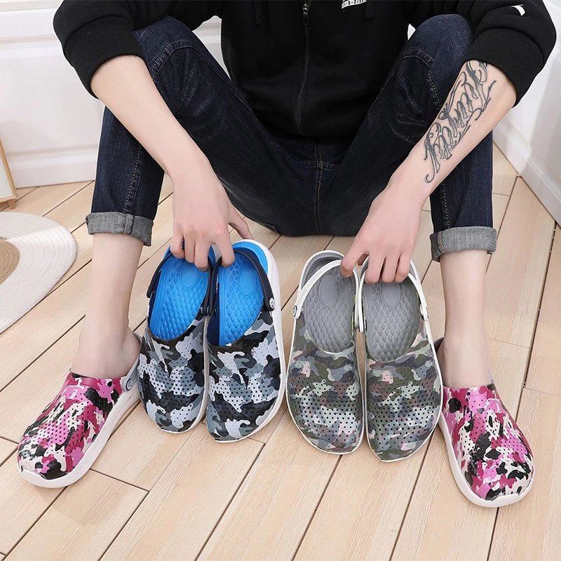 SS. Camouflage Clogue Printed Cave Shoes for Men and Women, New Beach Shoes with Soft Bottom, Anti Slip, Outdoor Baotou, Cold Slippers: findsindex.com