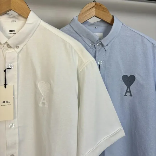 Ami Alexandre Mattiussi Short-Sleeve Stripe Shirt in Charcoal and Sky Blue - 6