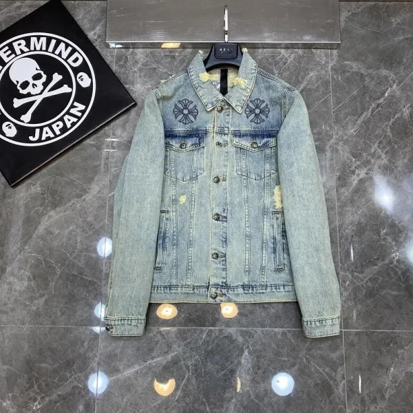 Chrome Hearts x A Bathing Ape Denim Jacket Light Wash Distressed Embroidered Floral - 4