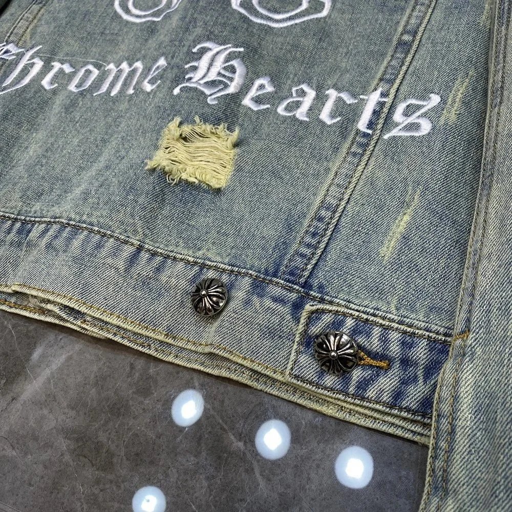 Chrome Hearts x A Bathing Ape Denim Jacket Light Wash Distressed Embroidered Floral - 11