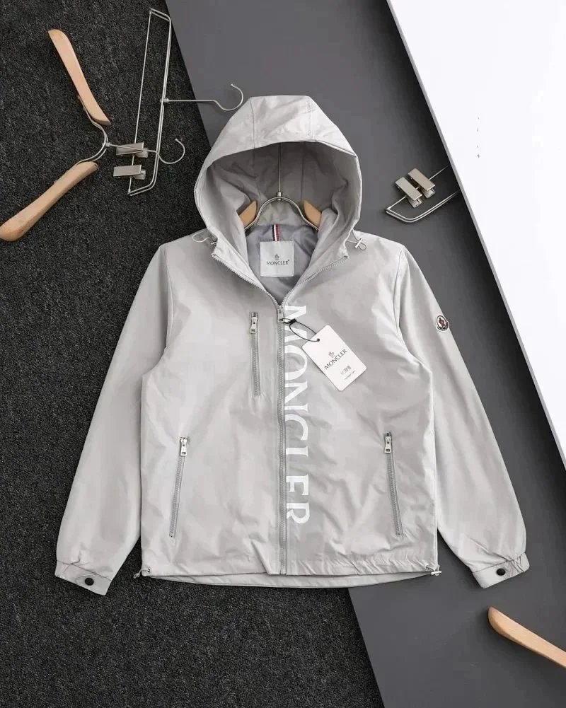 Moncler Logo Print Hooded Windbreaker Gray Outerwear