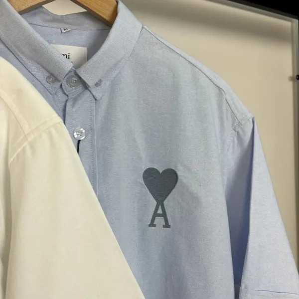 Ami Alexandre Mattiussi Short-Sleeve Stripe Shirt in Charcoal and Sky Blue - 10