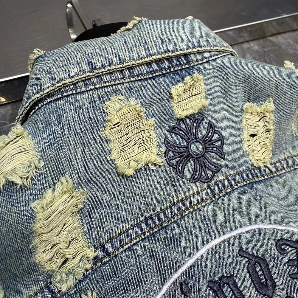 Chrome Hearts x A Bathing Ape Denim Jacket Light Wash Distressed Embroidered Floral - 12