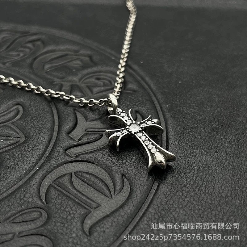 Chrome Hearts Double Cross Necklace Silver Crystal Silver