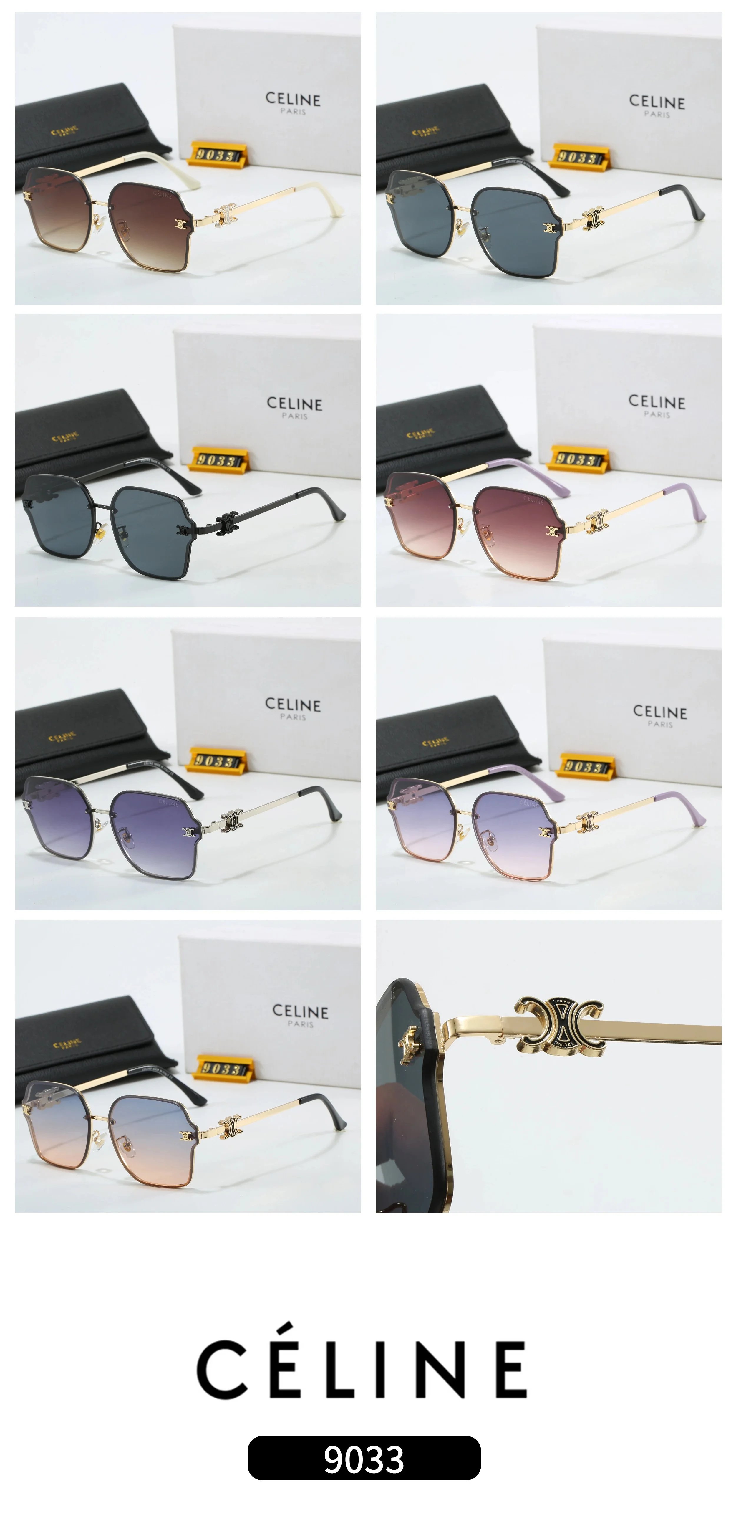 C&eacute;line 9033 Geometric Sunglasses with Gold CC Temple Detail