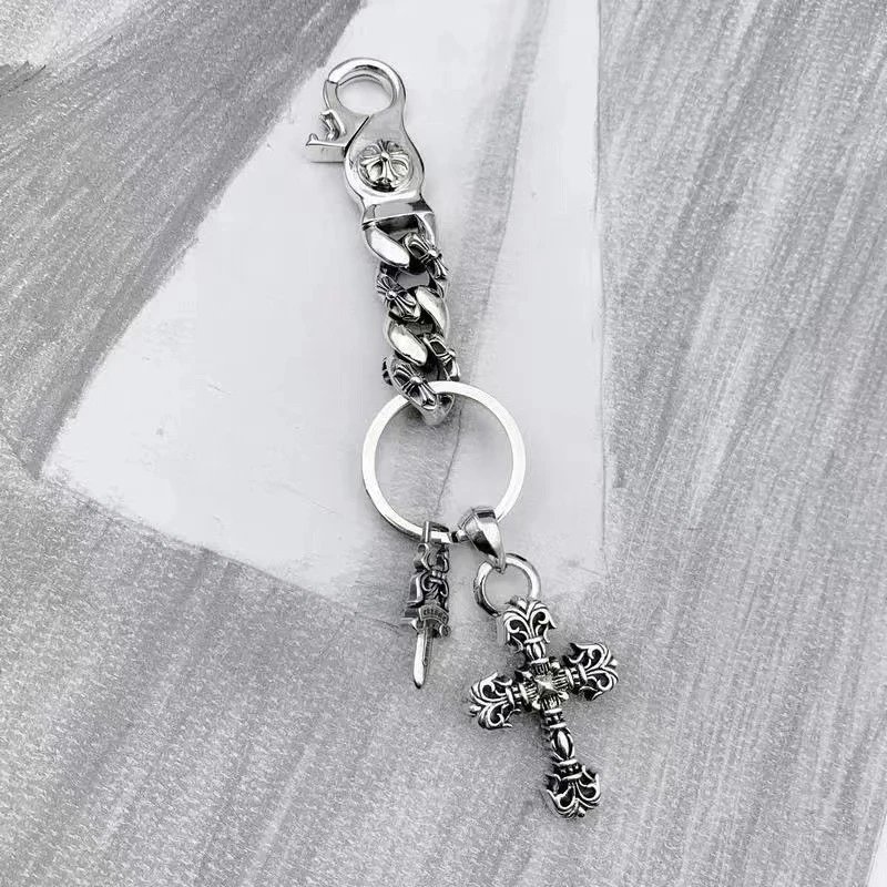 Chrome Hearts Silver Keychain with Cross and Dagger Charms