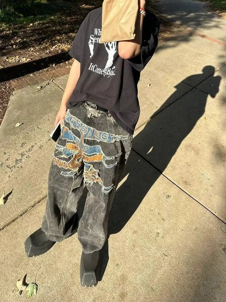 Black Graphic Tee with Distres