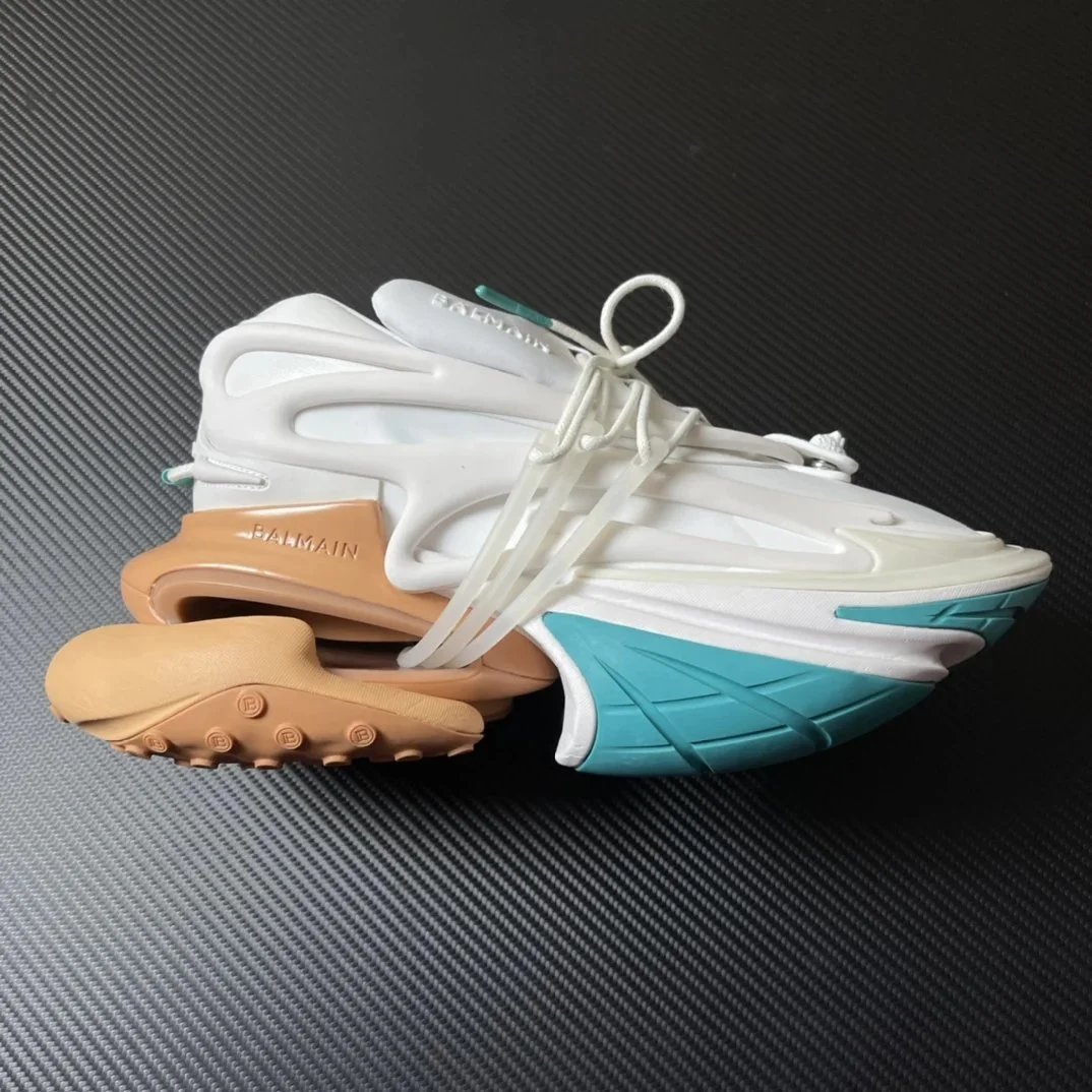 Balmain B-Chain Sneaker White Beige Turquoise Chunky Sneakers - 1