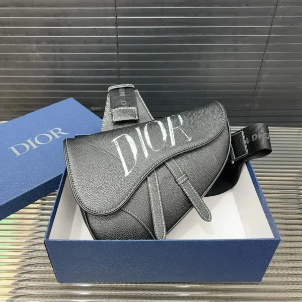 Dior Saddle Bag Black Grained Leather with White Oblique Logo Crossbody Bag - 1
