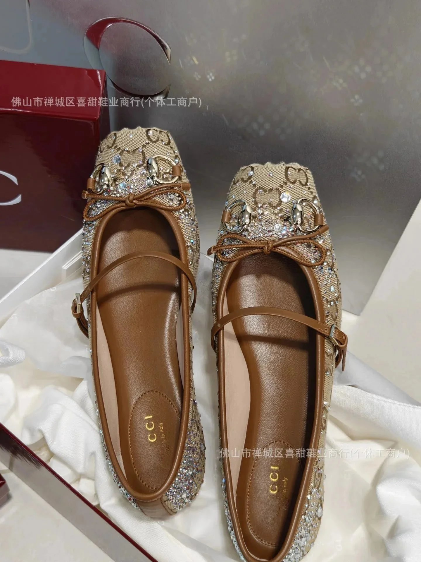 Gucci Horsebit Ballet Flats GG Canvas Crystal Embellished Beige Brown