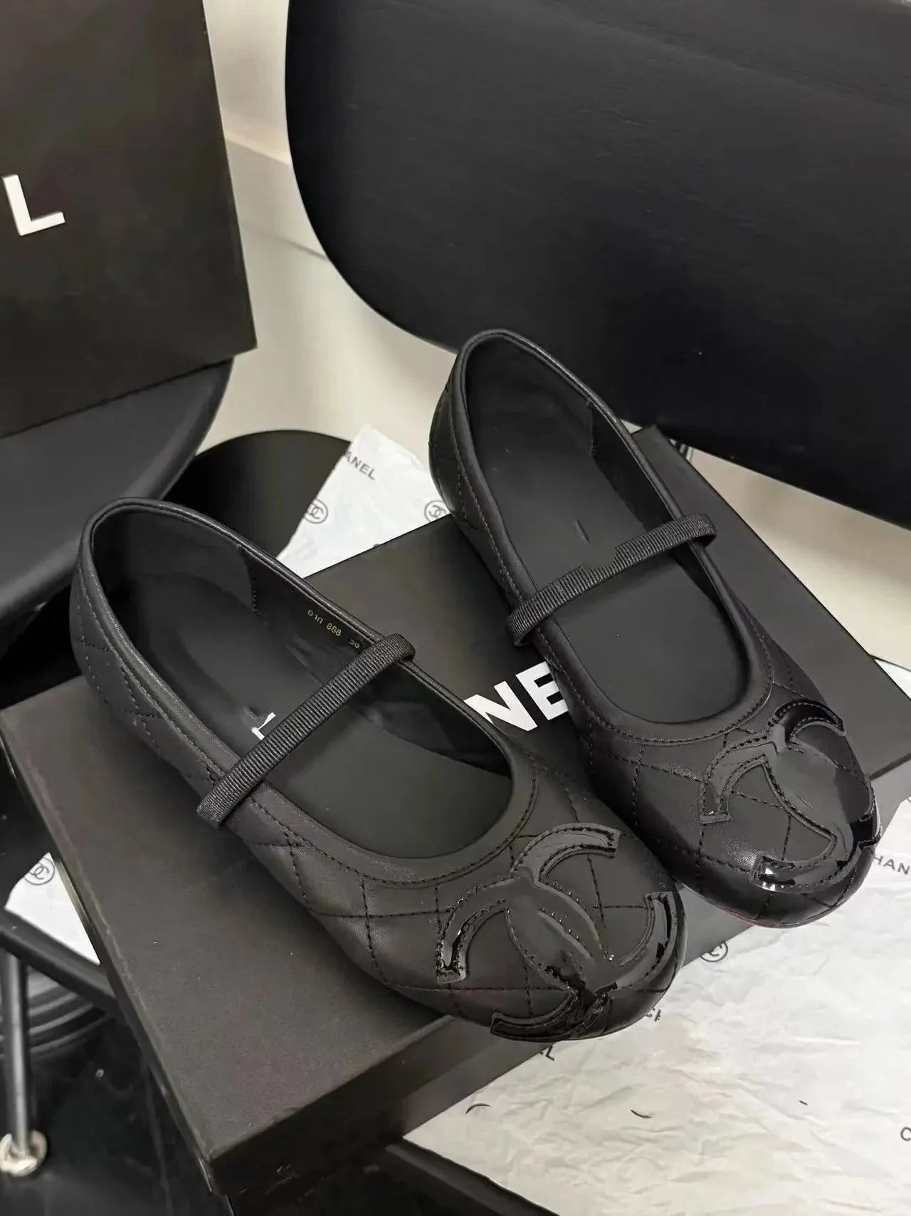 Chanel Mary Jane Ballet Flats Quilted Leather Black Patent CC Toe G410