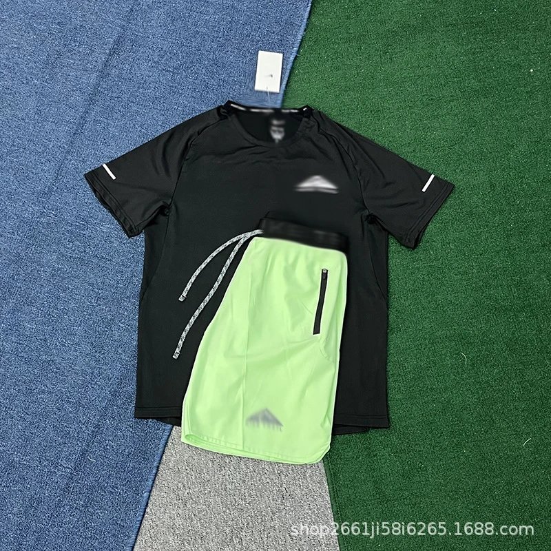 Nike Matching Sets Trail short-sleeve T-shirt and zip-pocket shorts set — 890 black 2019 green