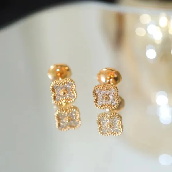 Design Four-Leaf Clover Pave Zircon Earrings Gold Jewelry - 8