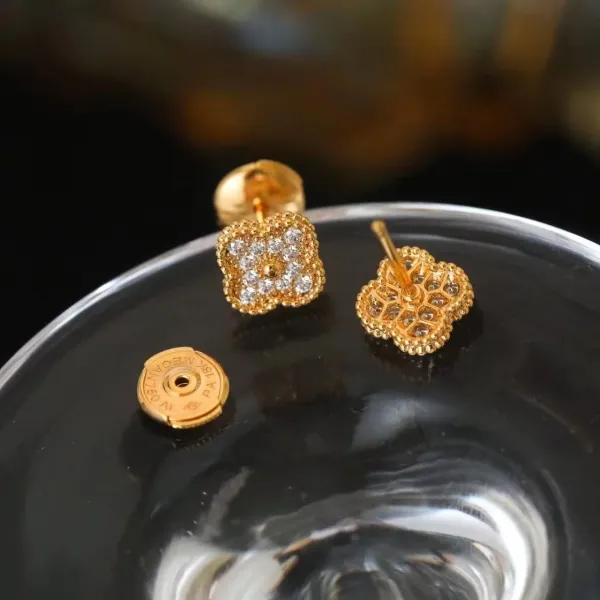 Design Four-Leaf Clover Pave Zircon Earrings Gold Jewelry - 9