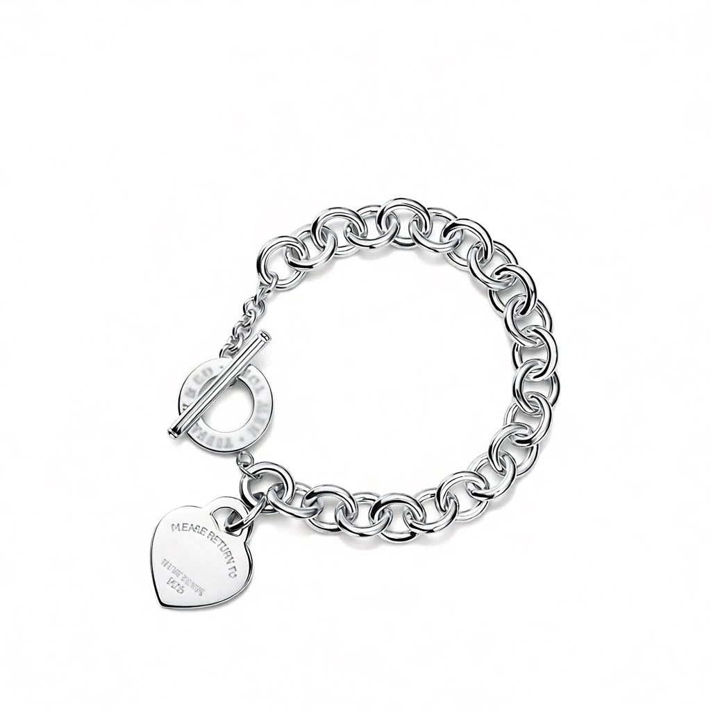 Sterling Silver 925 Toggle Chain Bracelet with Engraved Heart Charm