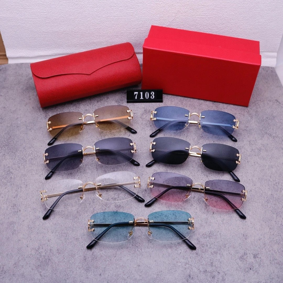 Gold Rimless Blue Gradient Lens Rectangular Sunglasses
