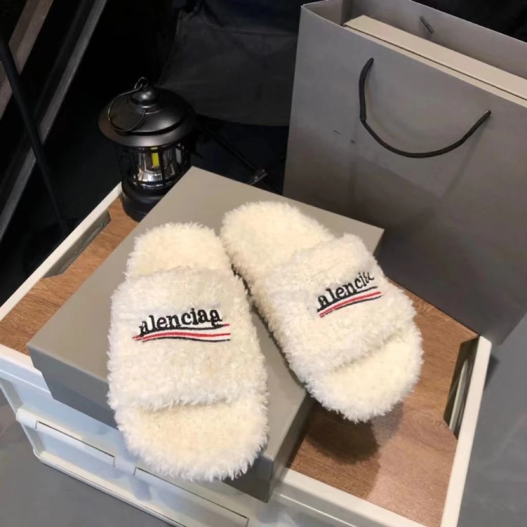 Balenciaga Triple Stripe Furry Slides White Slippers - 11