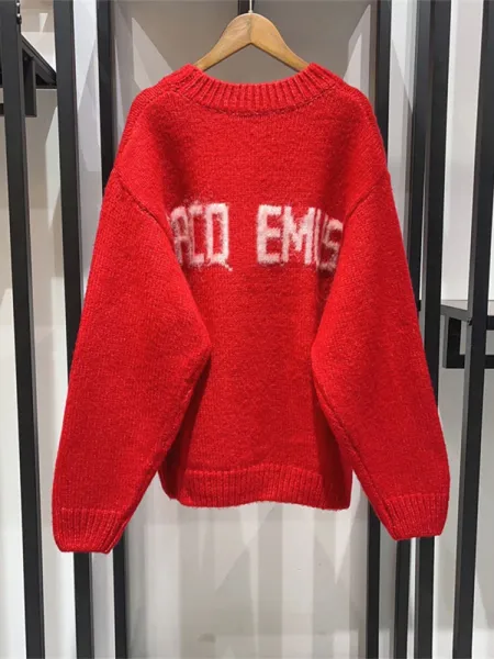 Design Oversized Knit Sweater Red with Distressed 'ACQ EMIS' Graphic - 1