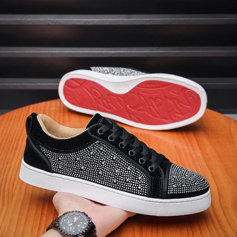 Christian Louboutin Black Velvet Full Rhinestone Red Sole Sneakers