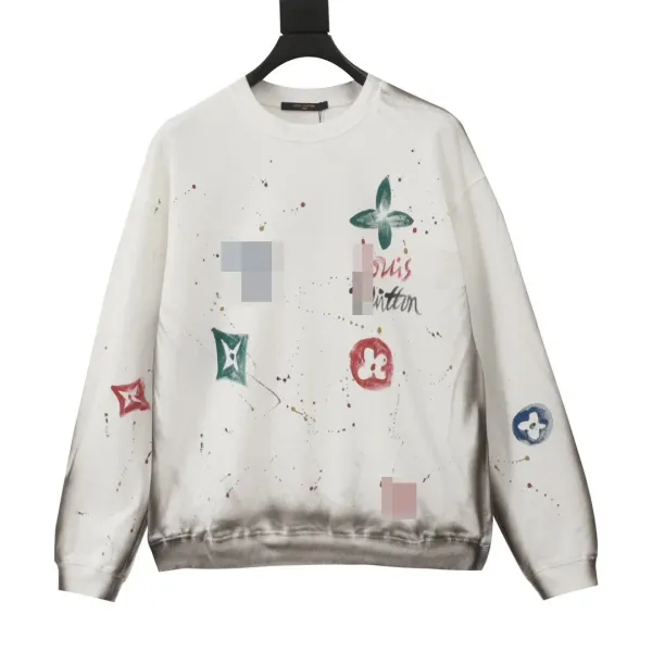Louis Vuitton Water-Washed Distressed Hand-Painted Round-Neck Hoodie Black - 4