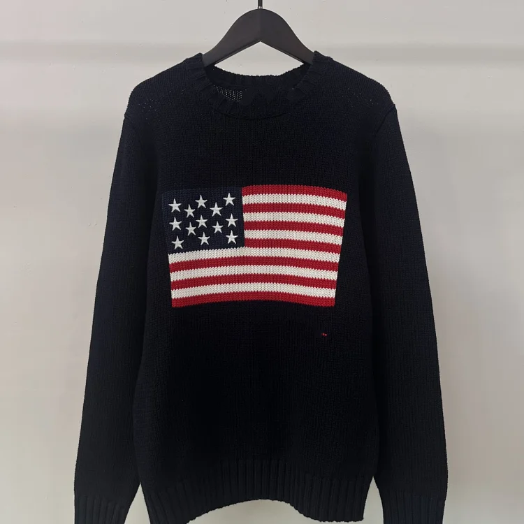 Five-pointed star embroidered striped flag pullover round neck knitted sweater for women for men and women(pic3) Five-pointed star embroidered striped flag pullover round neck knitted sweater for women for men and women